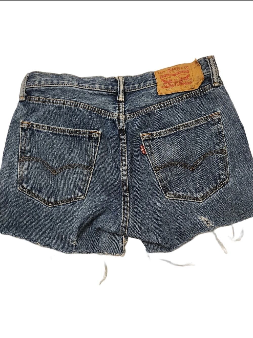 Levi's 501 High Rise Distressed Denim CutOff Shorts Size W31 Medium Wash Raw Hem - Picture 8 of 8